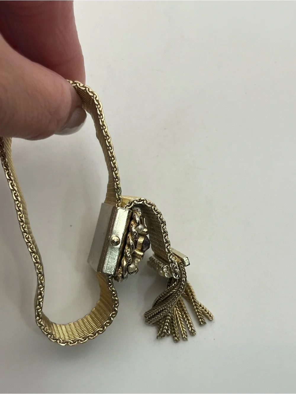 Victorian Revival gold tone mesh tassel slider adjustable rhinestone bracelet